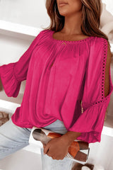 Rose Lace Crochet Cut-Out Bracelet Sleeve Ruffle Blouse