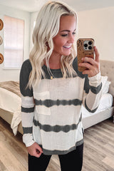 Gray Tie Dye Striped Loose Knitted Long Sleeve Top with Slits