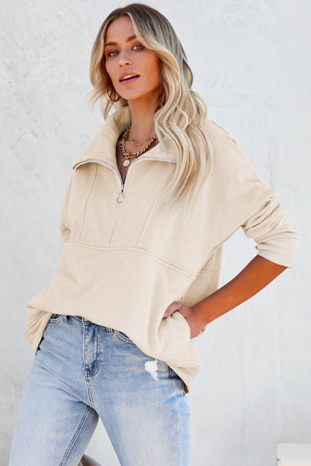Dark Gray Solid Color Zip Collar Sweatshirt with Pockets