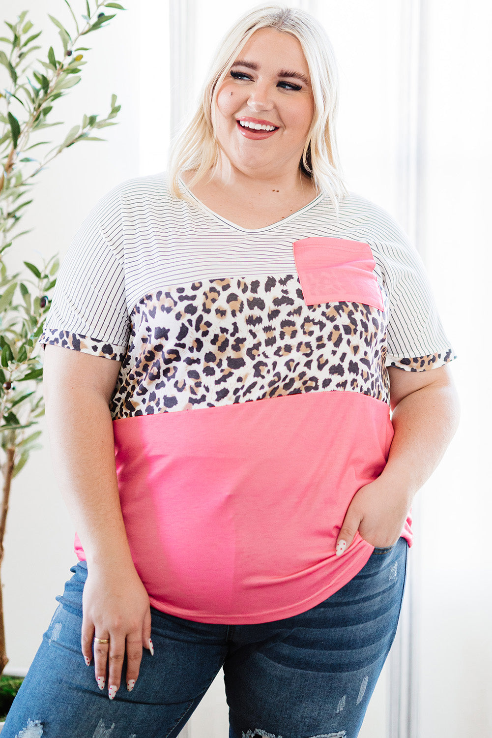 Pink Color Block Splicing Striped Leopard Plus Size Tee