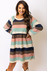 Multicolor Striped Color Block Long Sleeve Mini Dress
