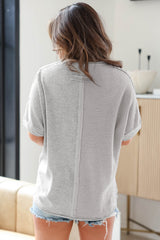 Gray Waffle Knit Patchwork Buttoned Short Sleeve Top