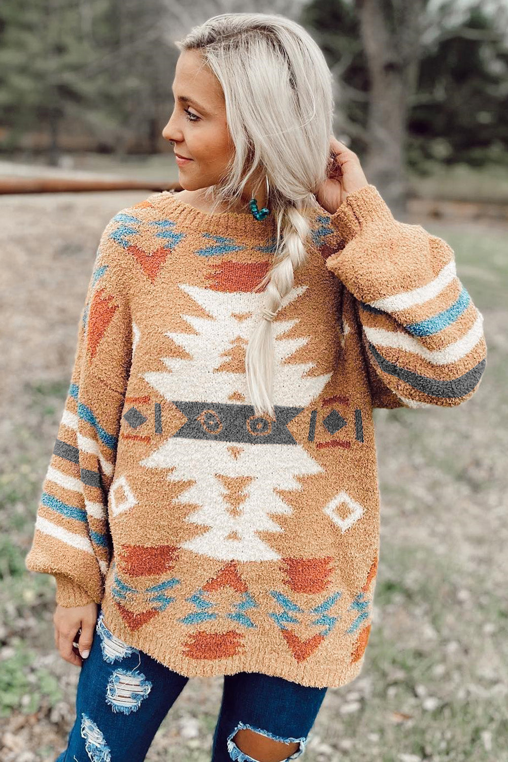 Aztec Print Long Sleeve Tunic Knitted Sweater