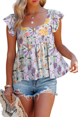 Purple Multicolor Flutter Floral Print Flowy Tank Top