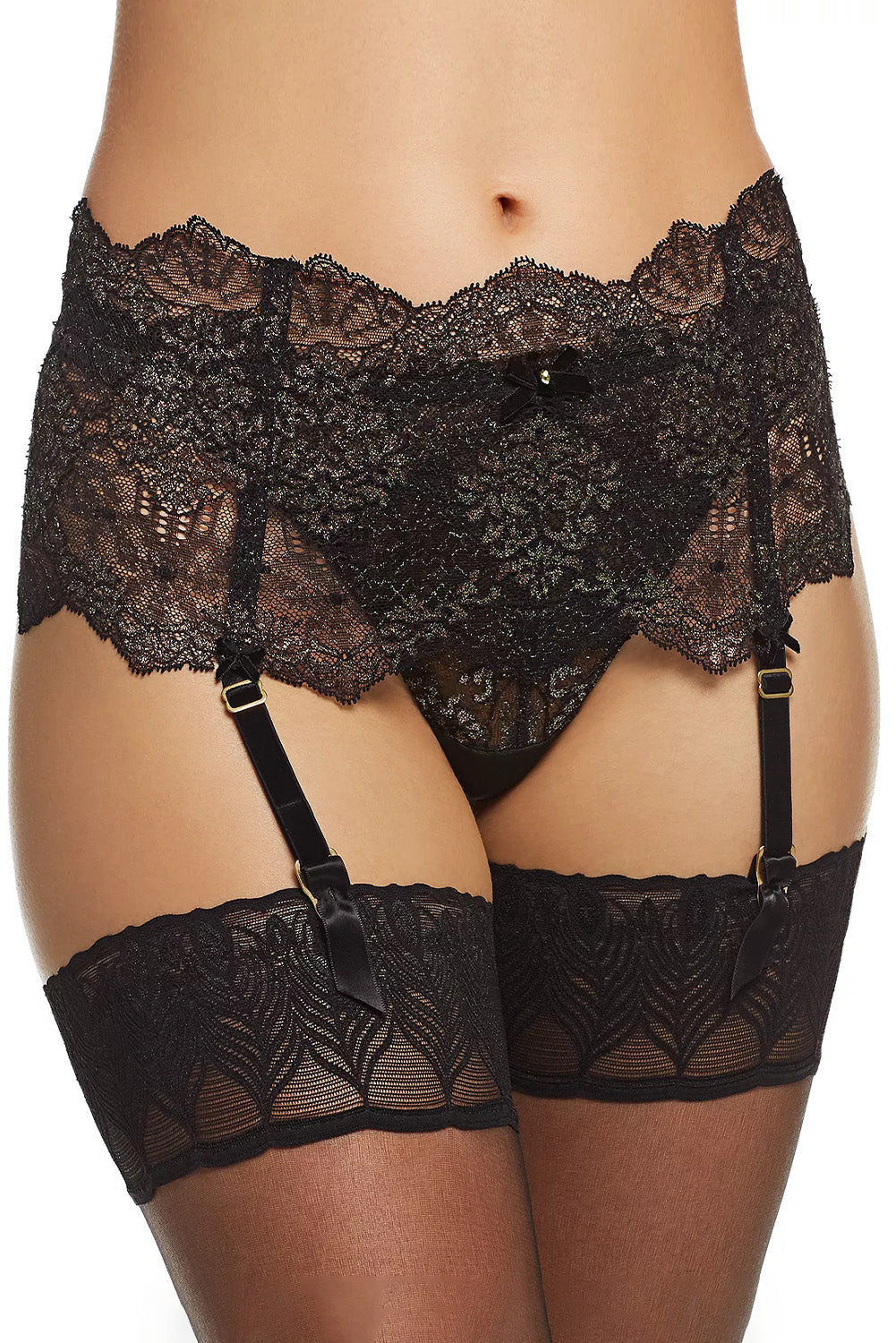 Black 2pcs Sexy Metallic Lace Garter Belt with Thong