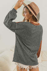 Brown V Neck Color Block Patchwork Loose Pullover