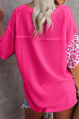 Rose Waffle Knit Leopard Solid Contrasting Blouse