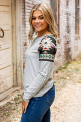 Round Neck Tribal Striped Raglan Top