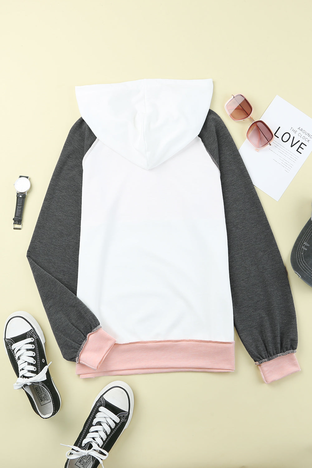 Yellow Colorblock Button Accent Pullover Hoodie