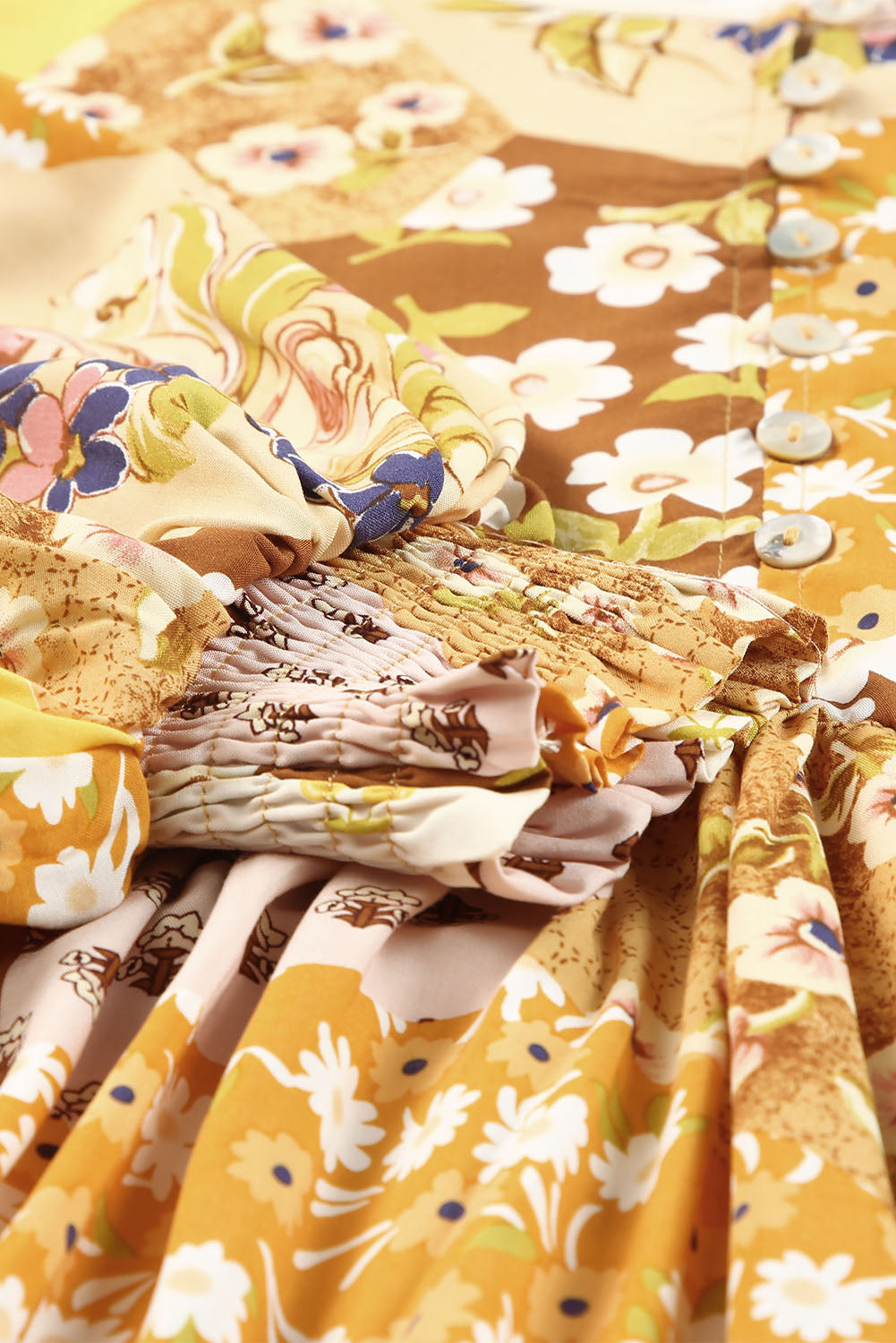 Yellow Floral Buttoned Pleated Long Sleeve Babydoll Dress