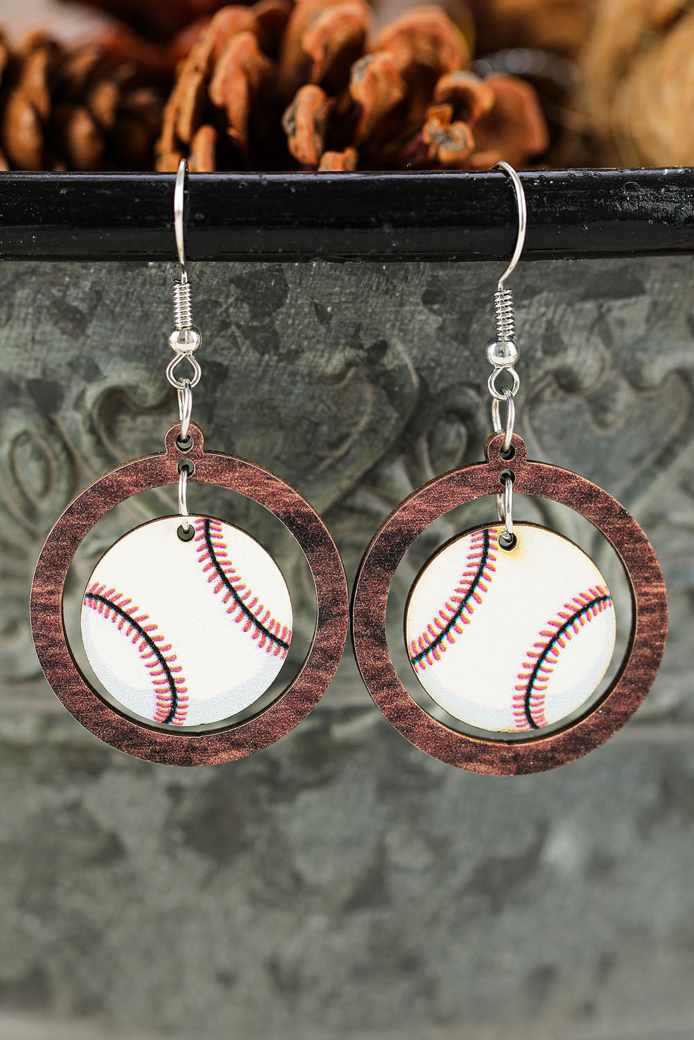 White Baseball Pattern Wood Round Drop Earrings