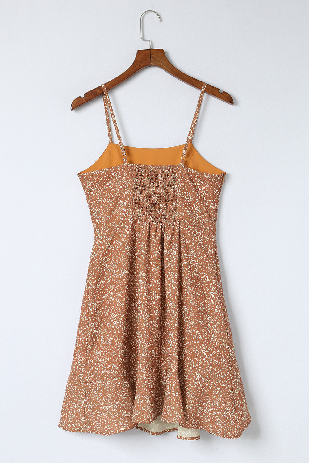 Khaki Spaghetti Straps Ruffled Hem Floral Dress