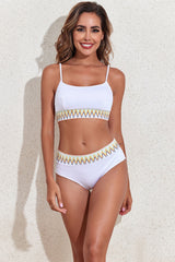 Beige Ribbed Leaf Print High Waist Bikini Set