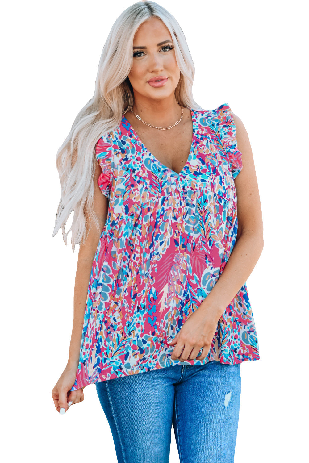 Sky Blue Boho Pattern Print Flounce V Neck Tank Top