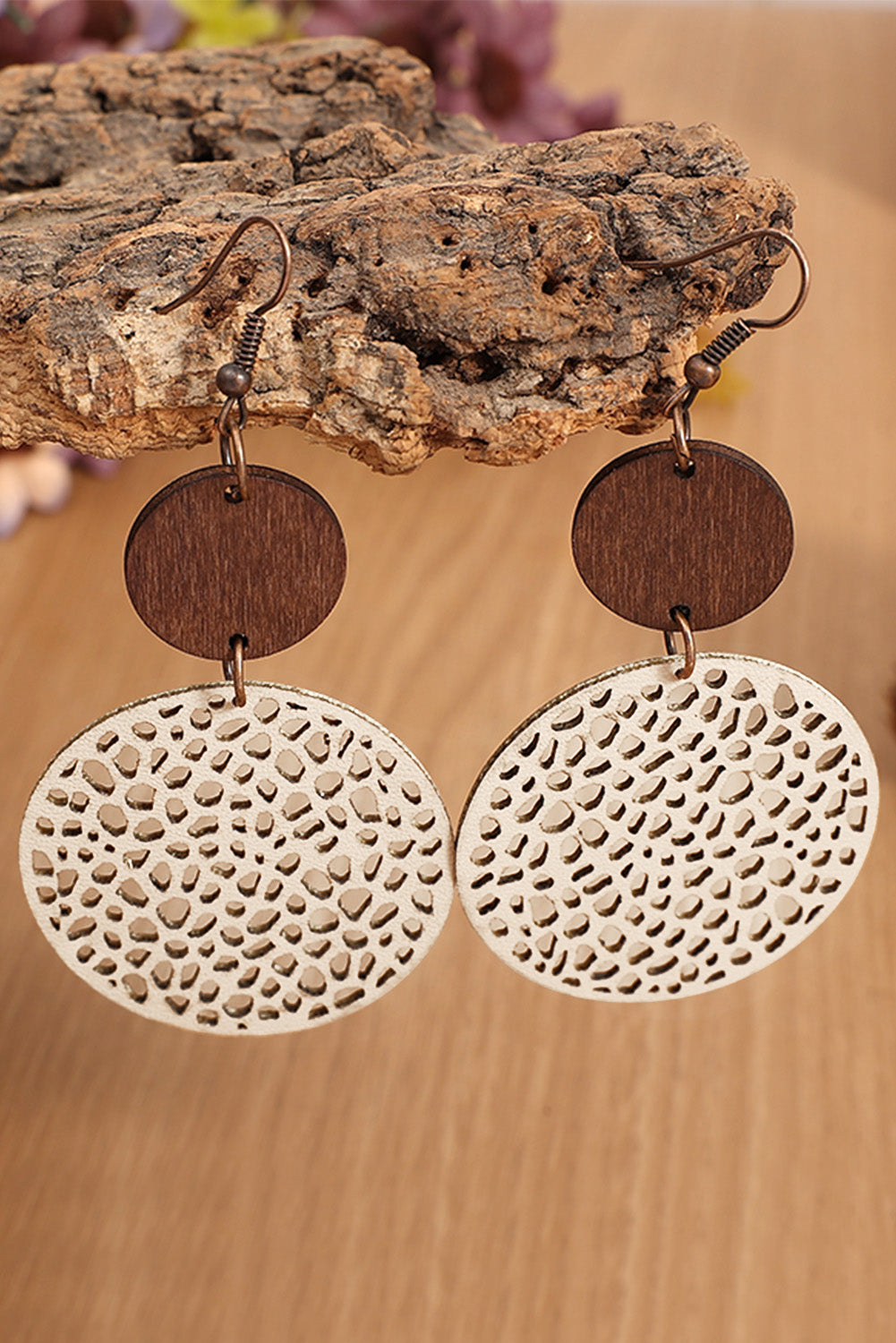 Black Hollow Out Wooden Round Drop Earrings