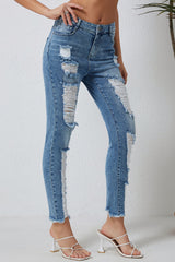 Sky Blue Distressed Straight Leg High Waist Jeans