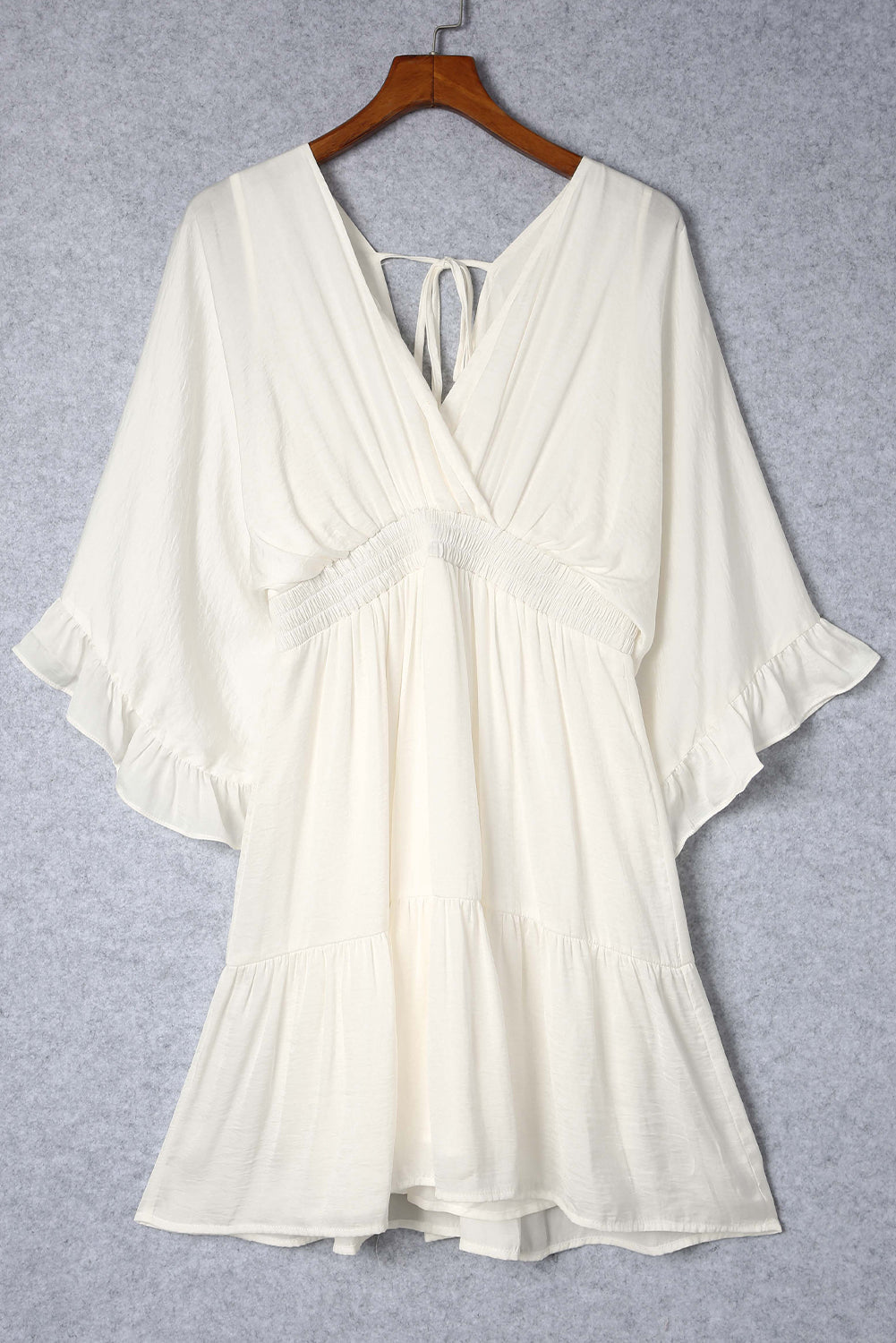 Beige V Neck Wrap Smocked Waist Ruffle Mini Dress