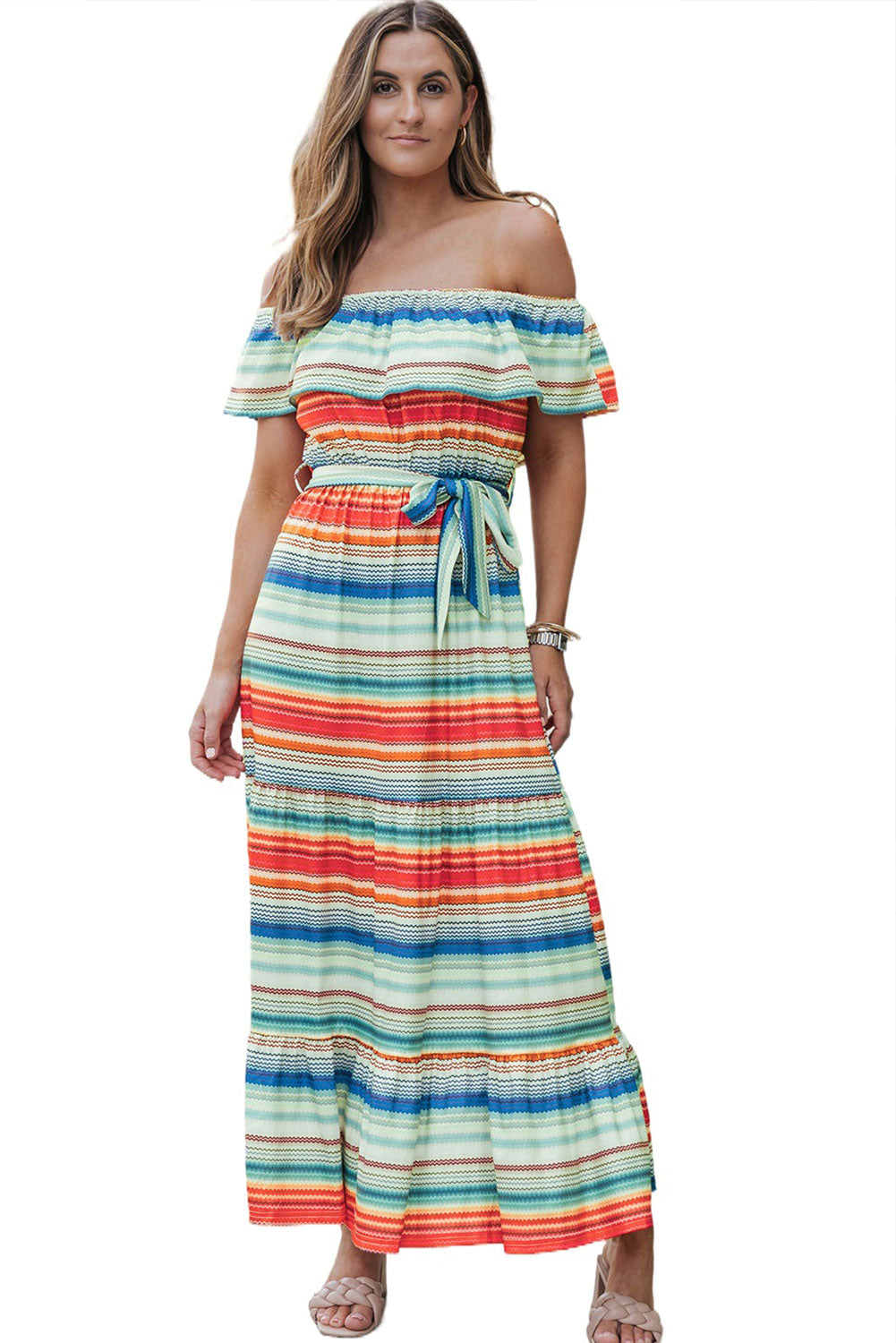 Stripe Print Lace-up Ruffled Off Shoulder Maxi Dress