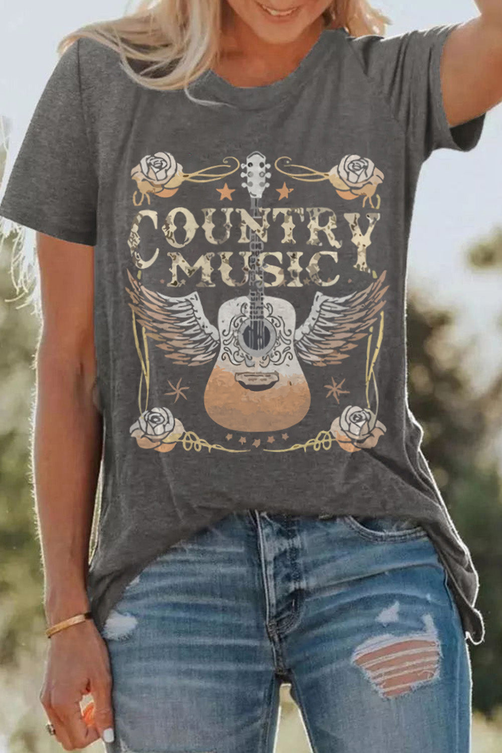 Gray COUNTRY MUSIC Guitar Graphic Print Crew Neck T Shirt