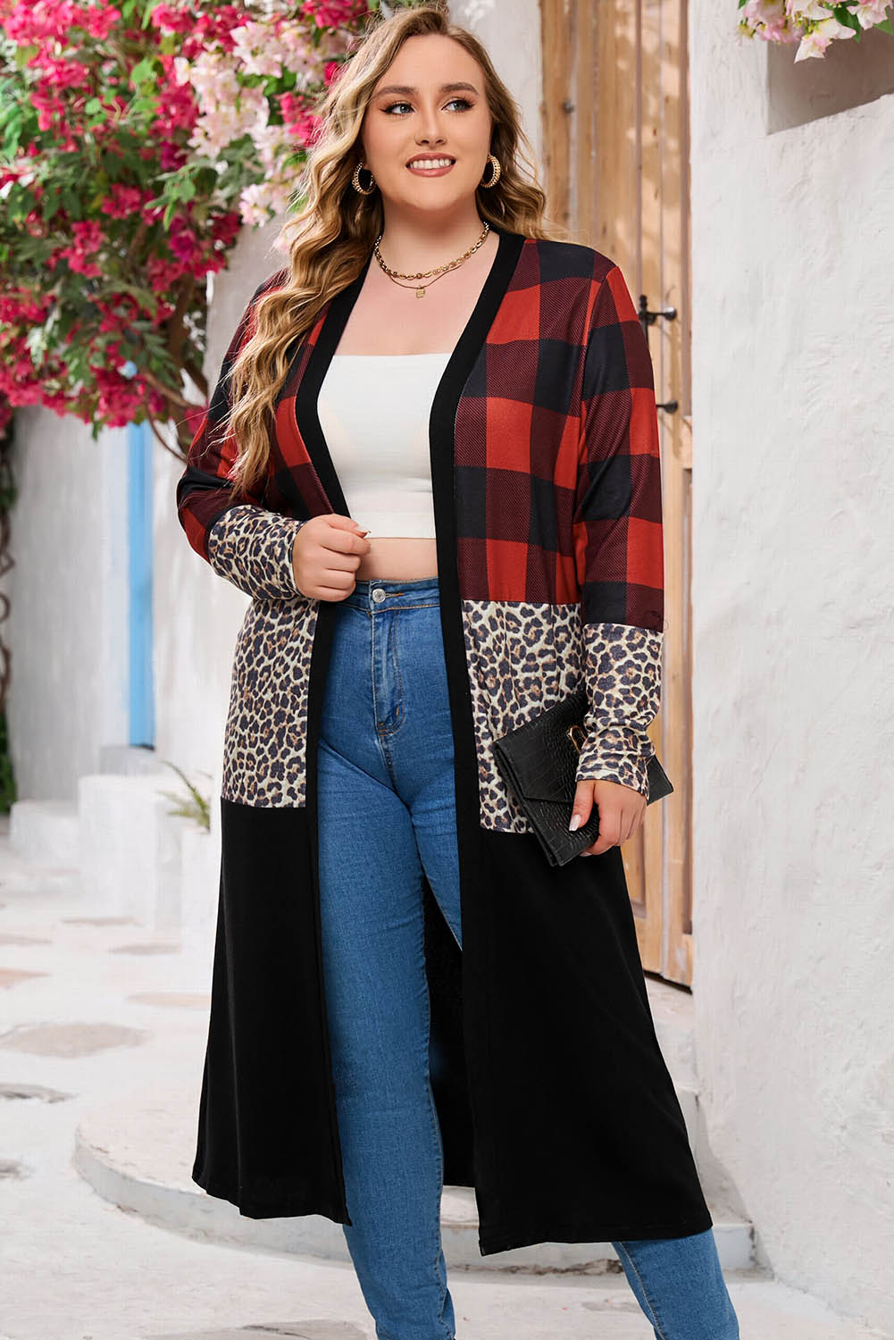 Red Buffalo Plaid Leopard Colorblock Plus Size Duster Cardigan