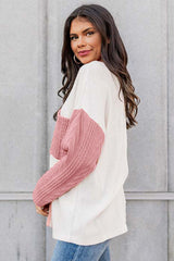 Amicg Blossom Long Sleeve Colorblock Chest Pocket Textured Knit Top