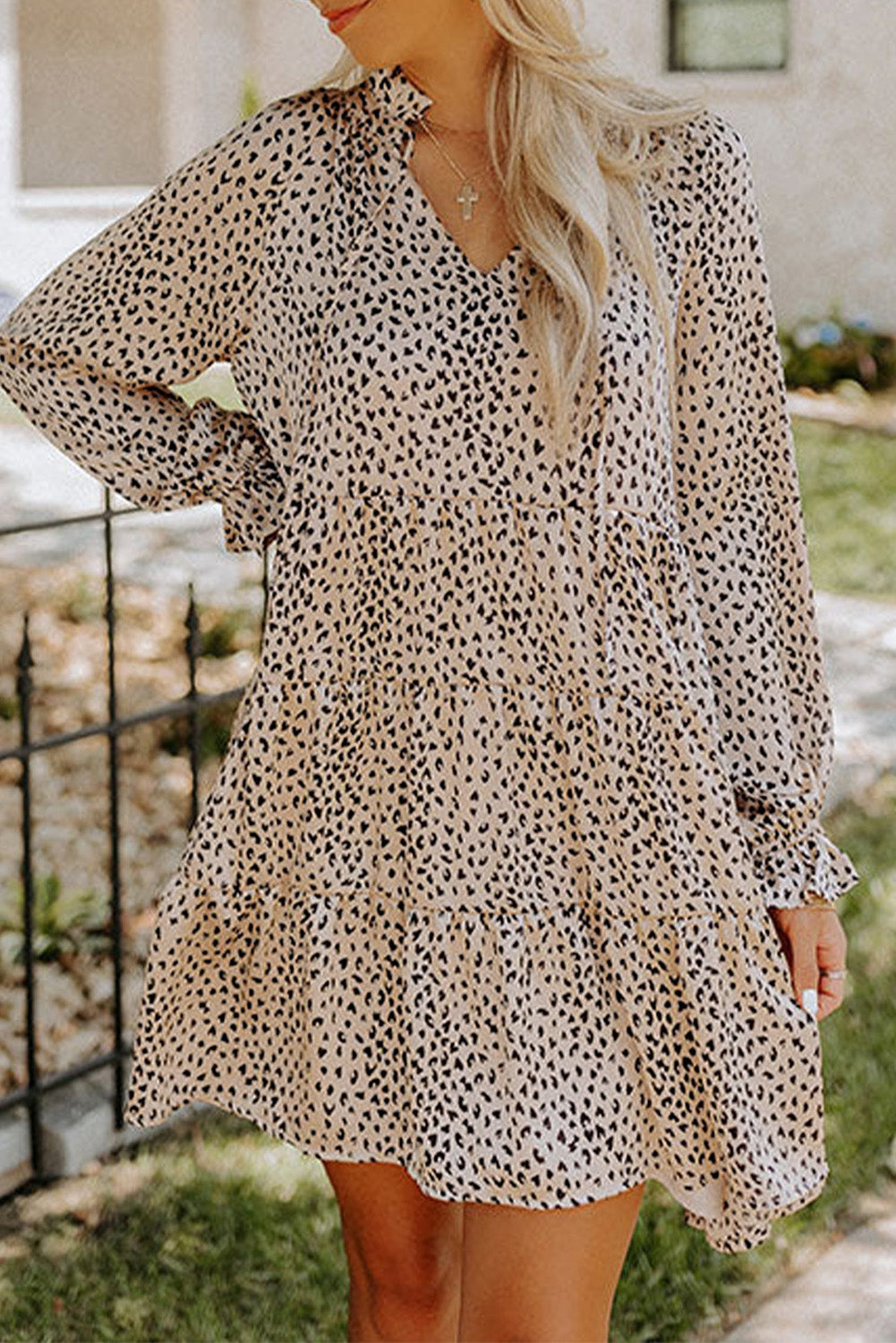 Khaki Leopard Print Ruffled V Neck Long Sleeve Mini Dress