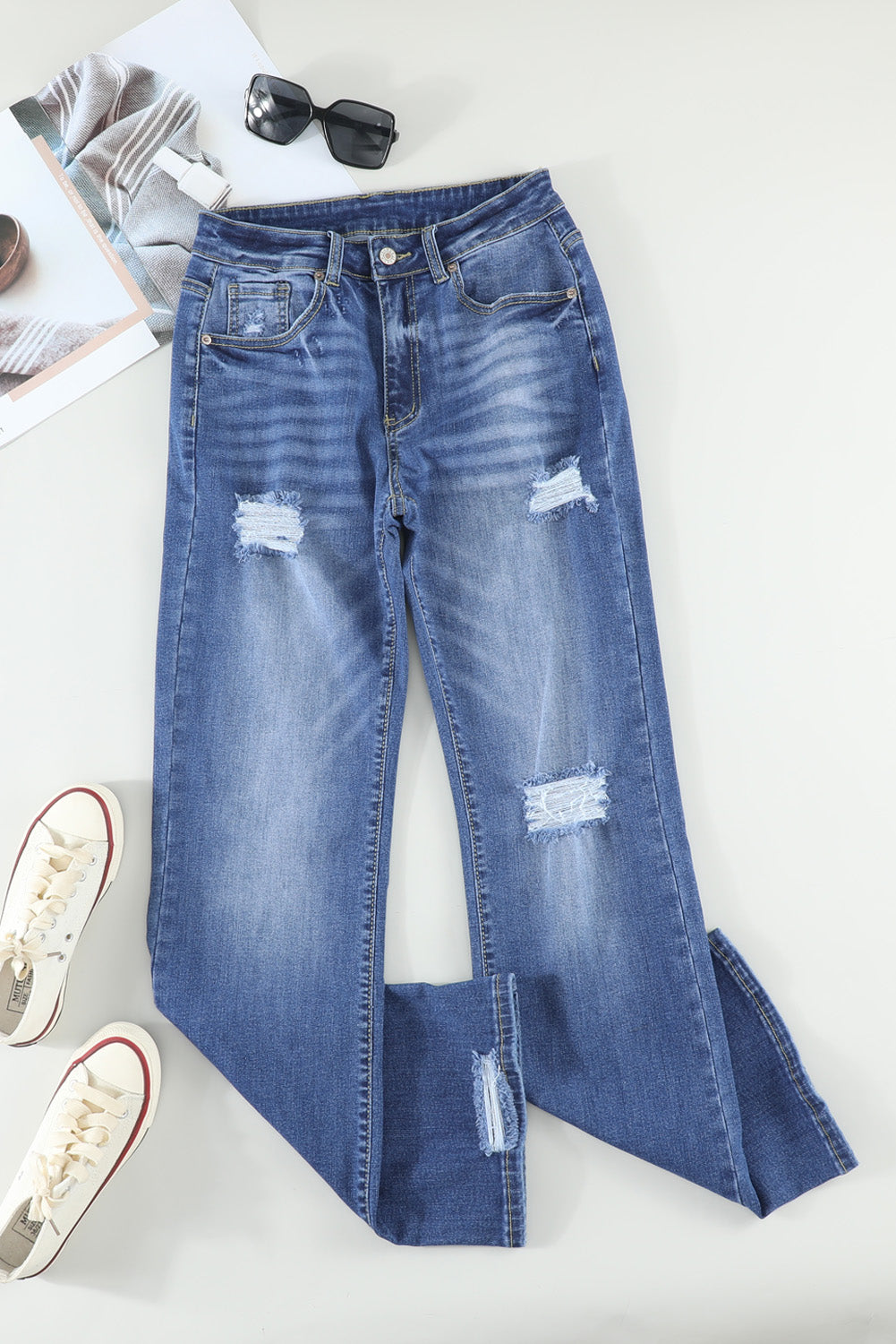 Blue High Rise Washed Distressed Flare Jeans