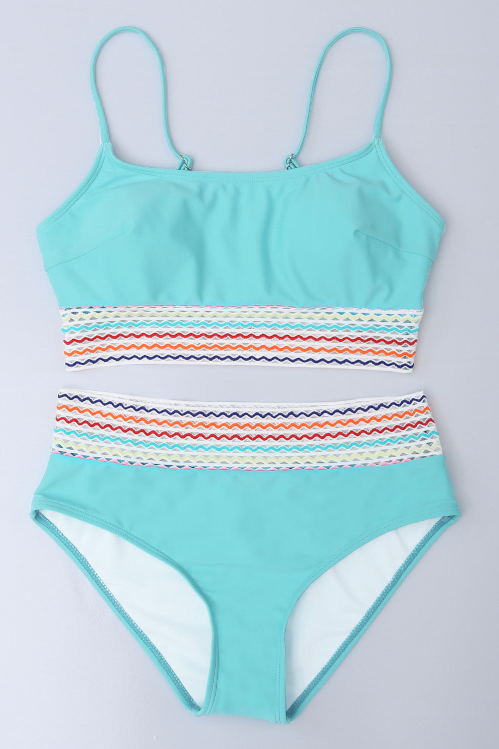 Sky Blue Striped Patchwork Spaghetti Strap High Waist Bikini Swimsuit