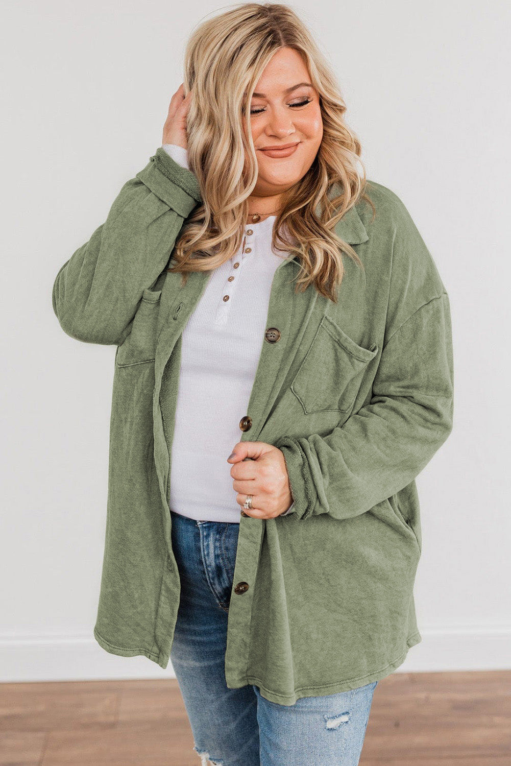 Green Plus Size Buttons Closure Pocketed Shacket