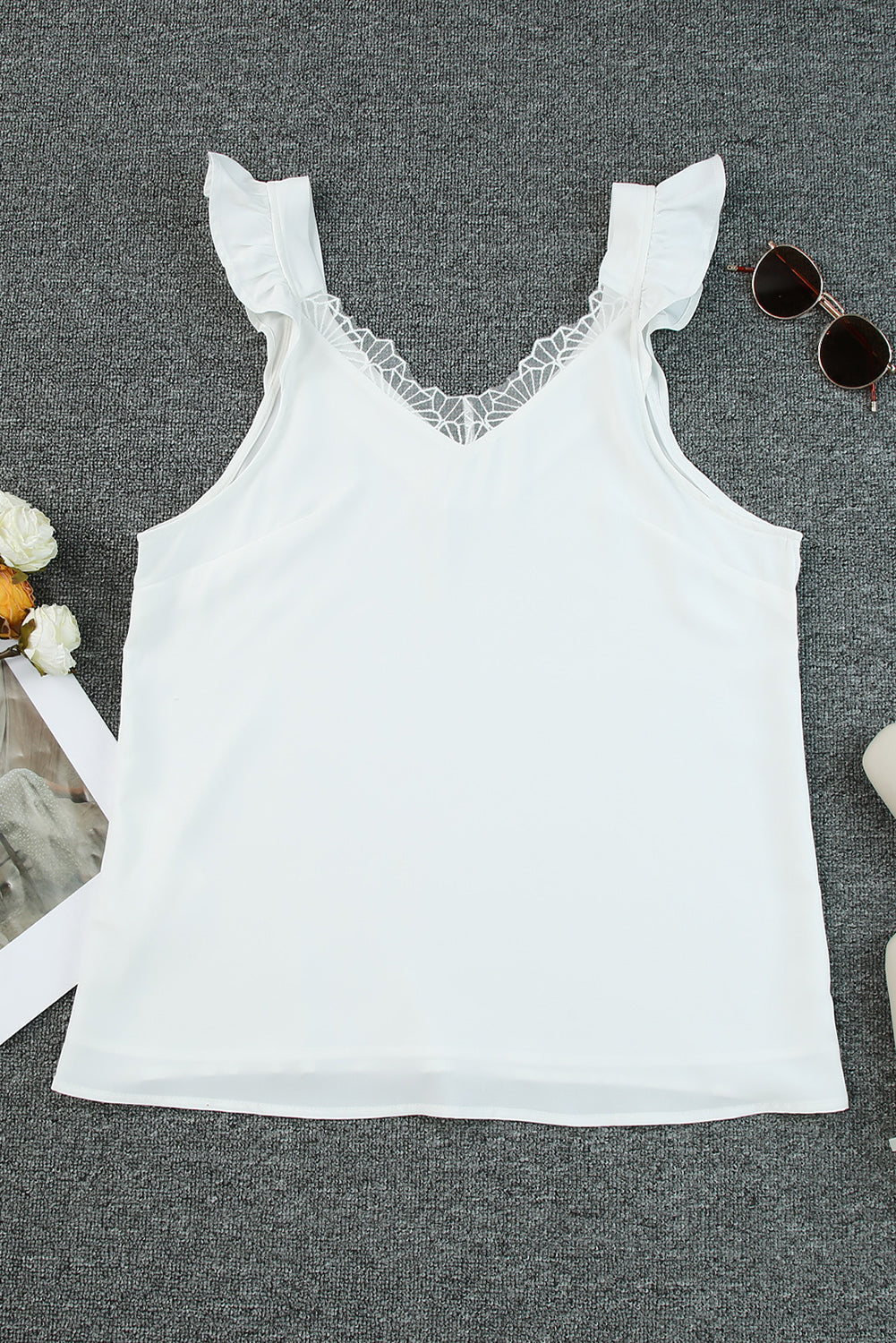 White V Neck Lace Ruffle Tank Top