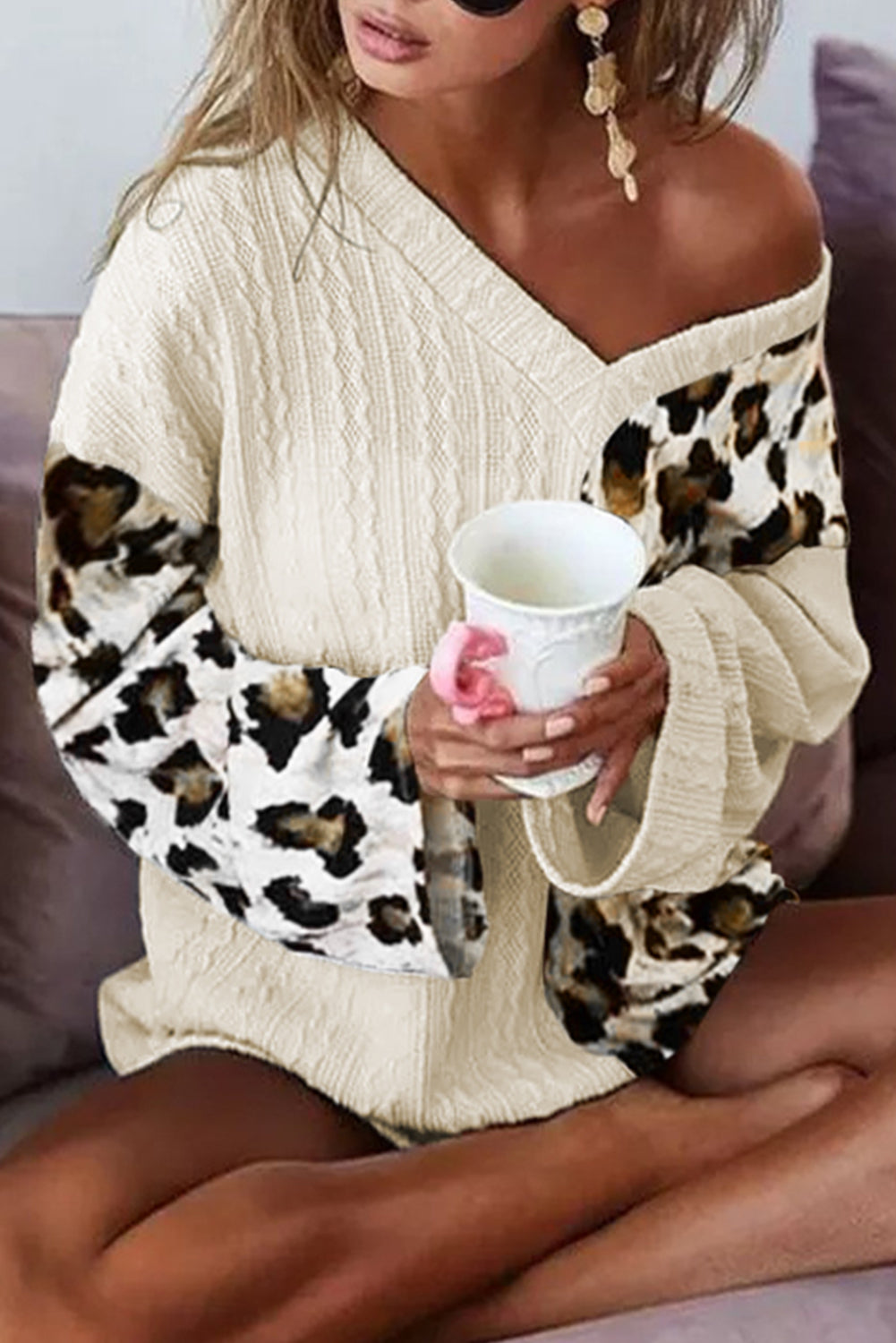 Khaki Asymmetric Leopard Patchwork Wide Sleeve V Neck Sweater