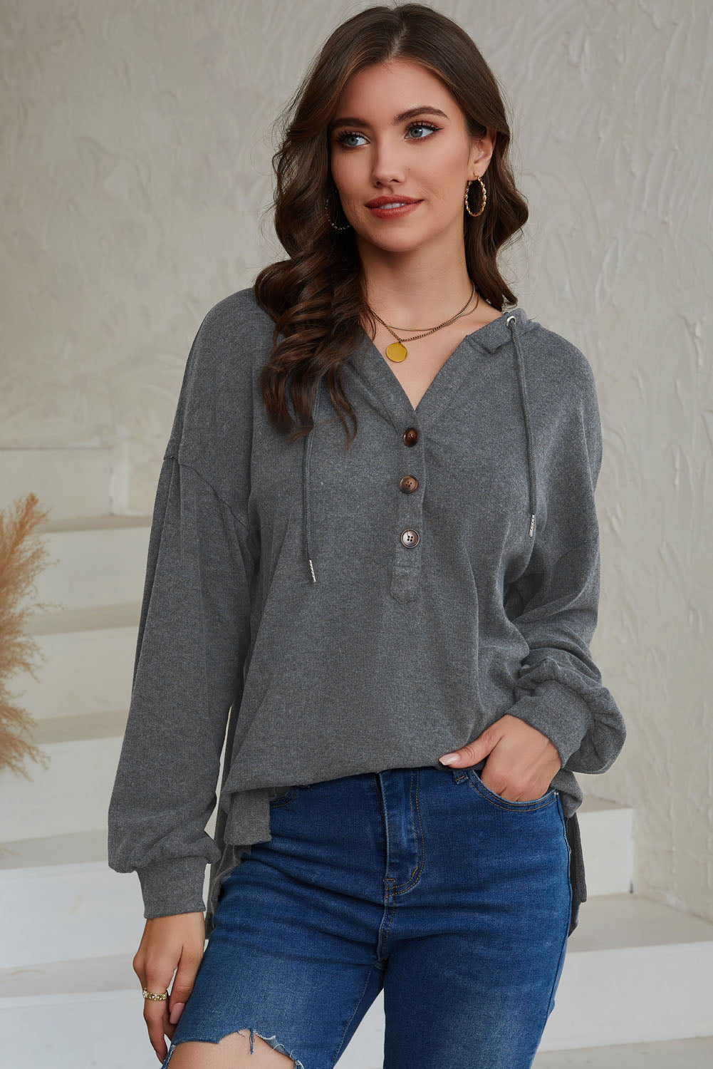 Buttoned High and Low Hem Hoodie