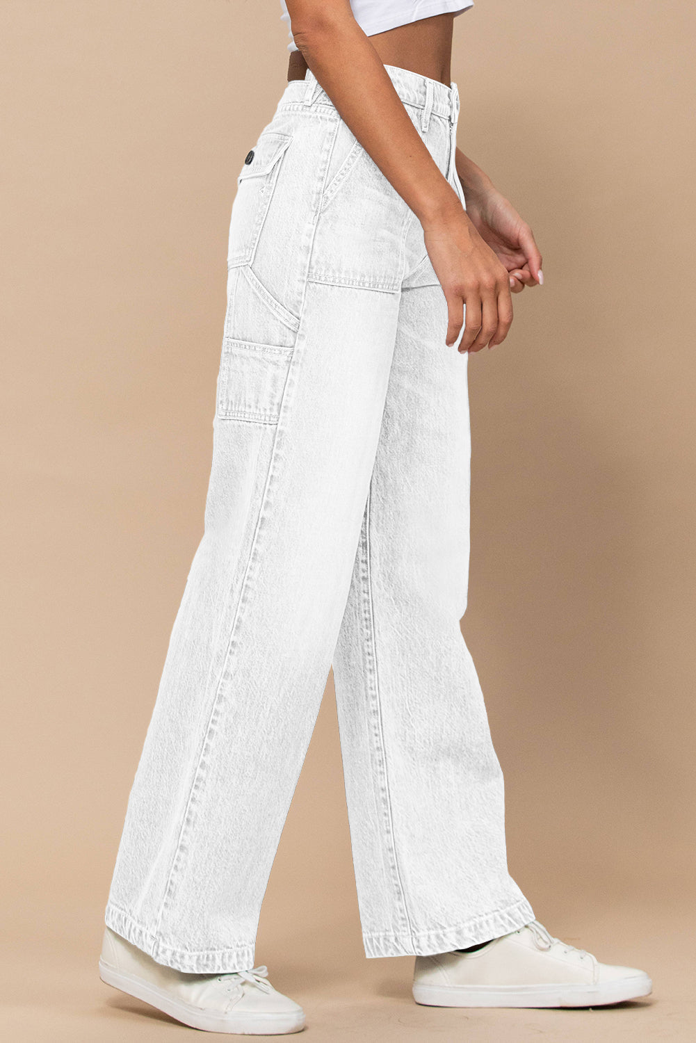 Khaki High Waist Flap Pocket Wide-Leg Jeans