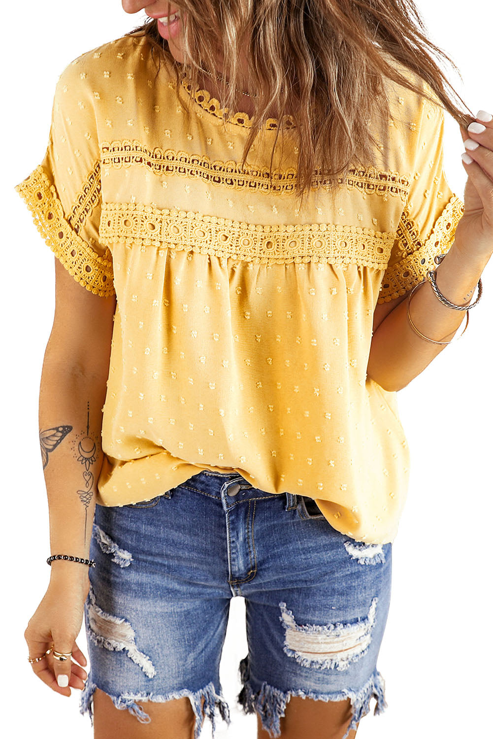 Apricot Swiss Dot Lace Splicing Short Sleeve Top