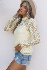 Beige Mock Neck Lace Blouse