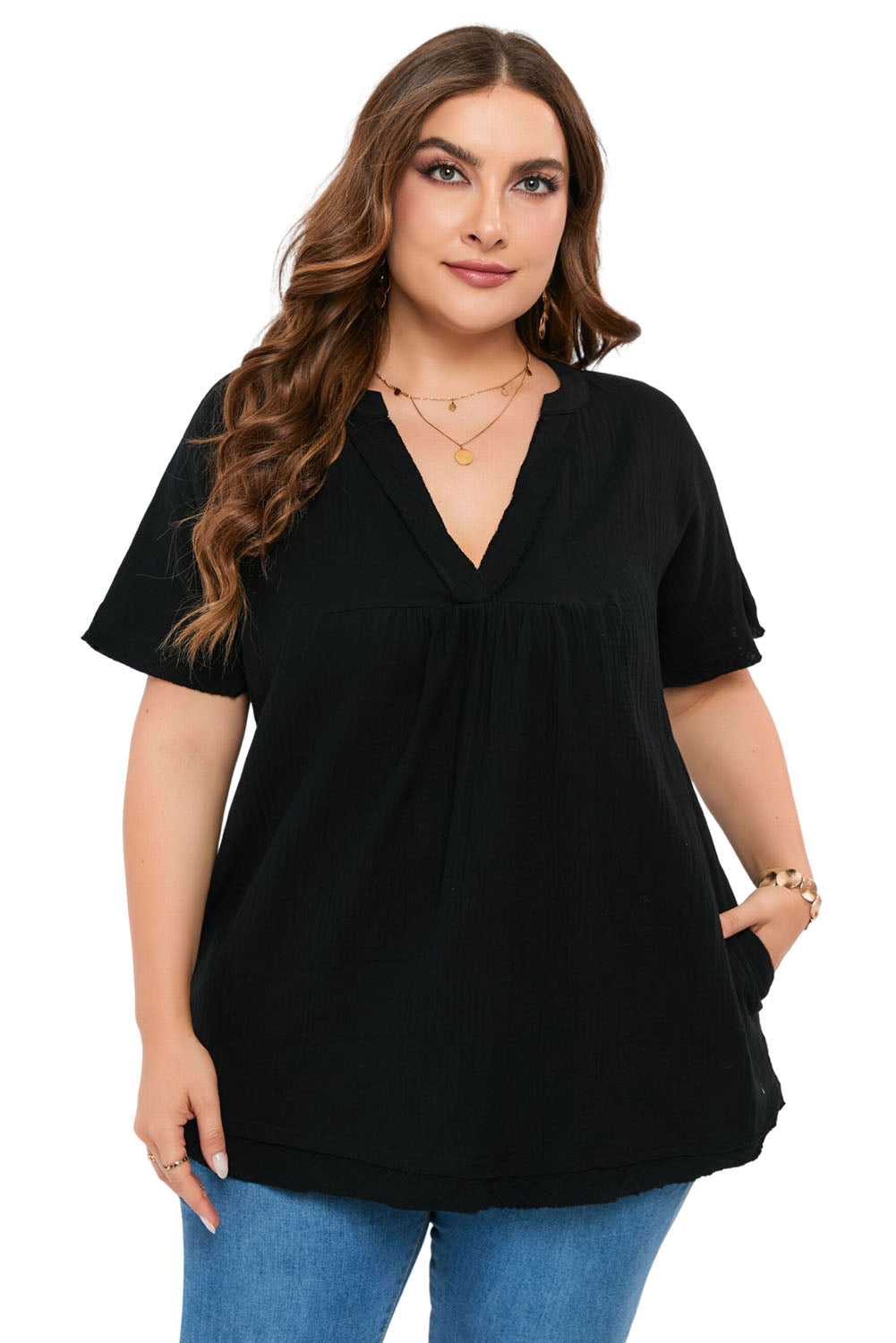 Black Plus Size Textured Short Sleeve Babydoll Blouse
