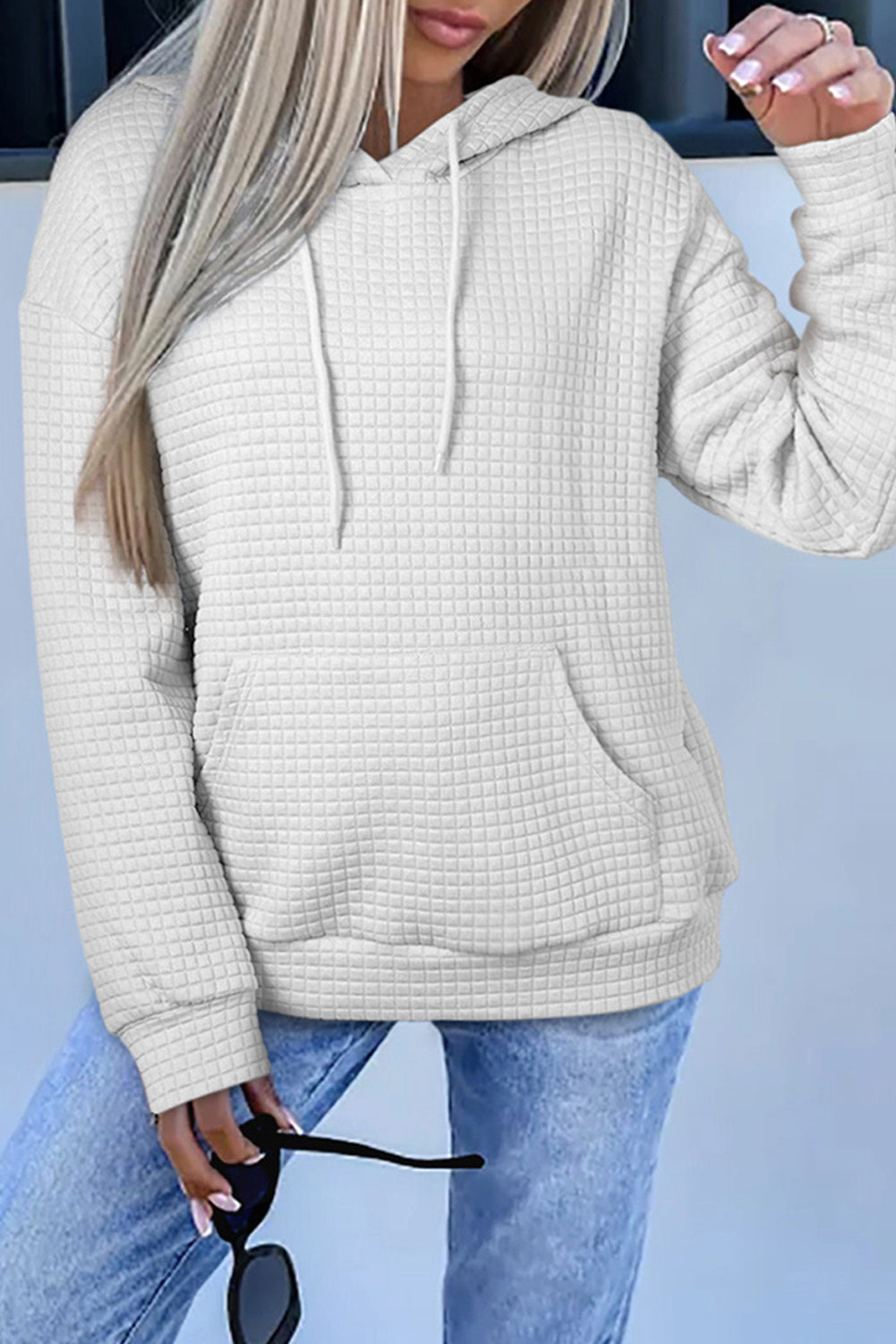 Gray Quilted Kangaroo Pocket Drawstring Hoodie