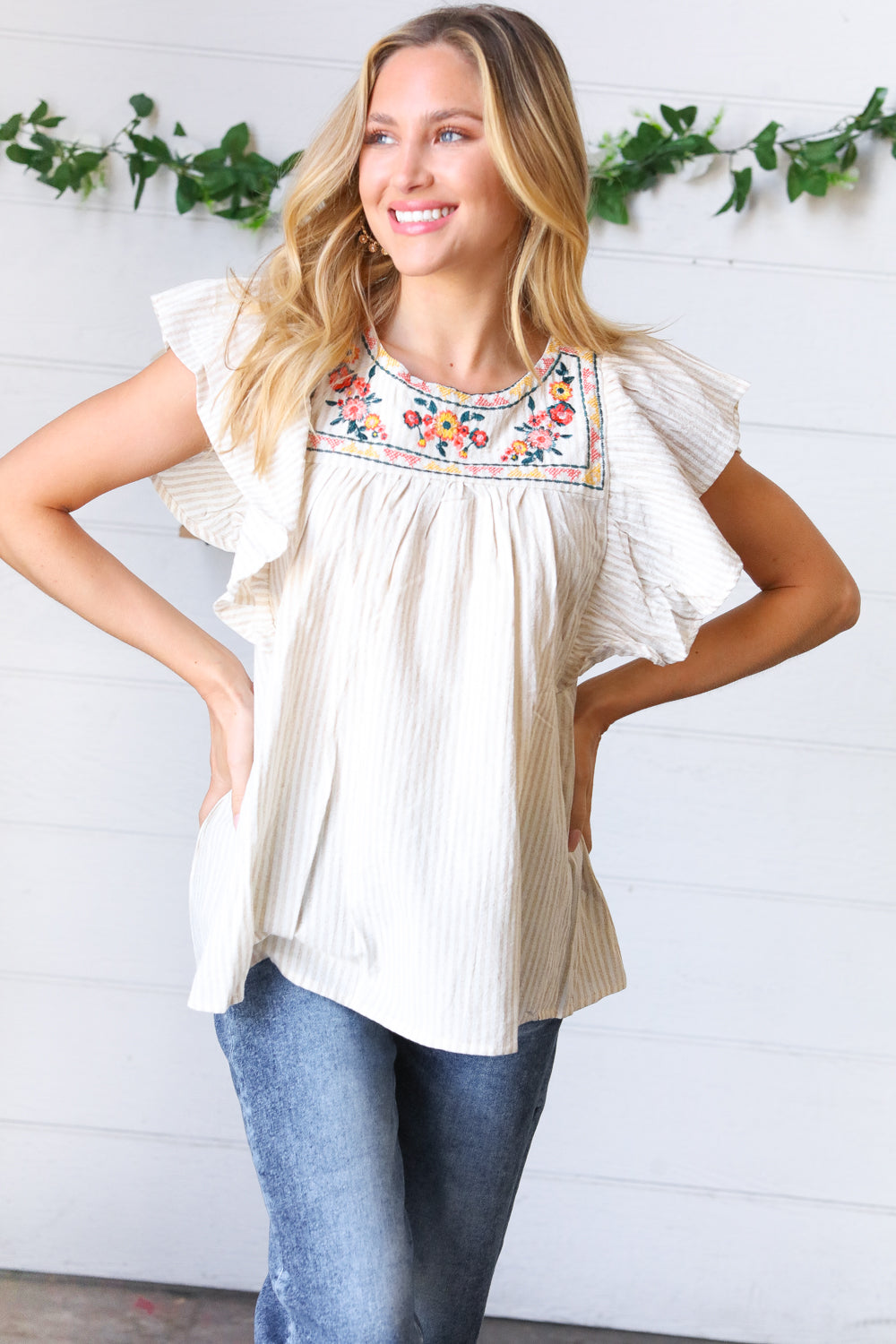 Cream Stripe Floral Embroidered Yoke Top