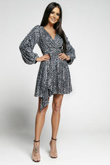 Gray Leopard Sequins V Neck Wrap Dress with Tie