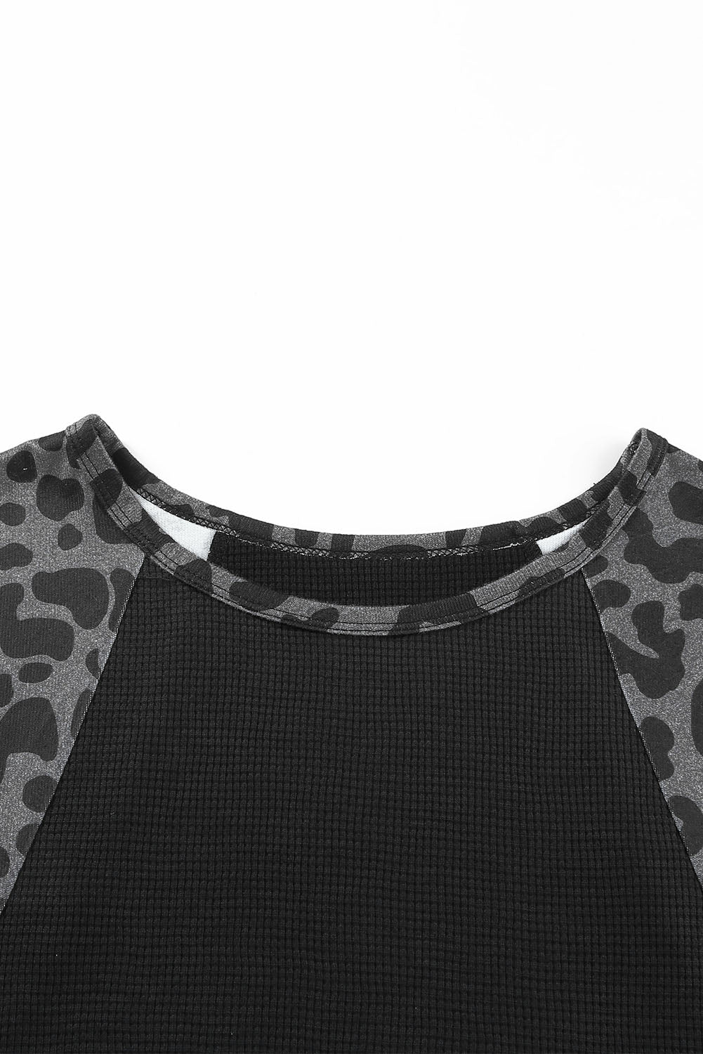 Black Leopard Raglan Sleeve Waffle Knit Plus Size Top