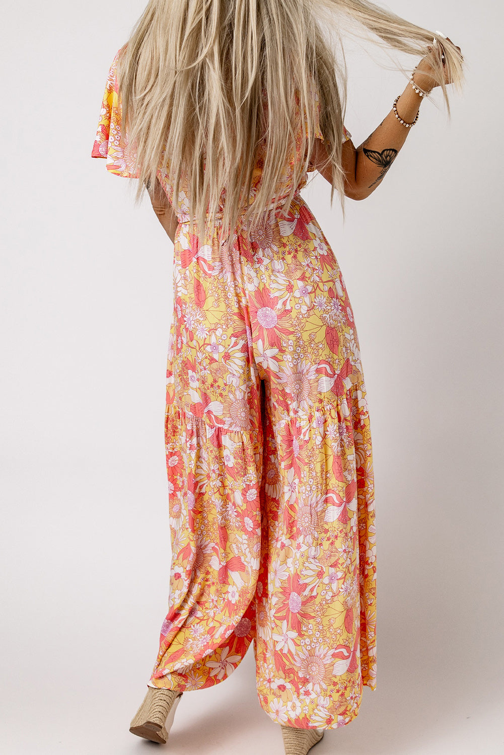 Orange Floral Print Ruffled V Neck High Waist Jumpsuit