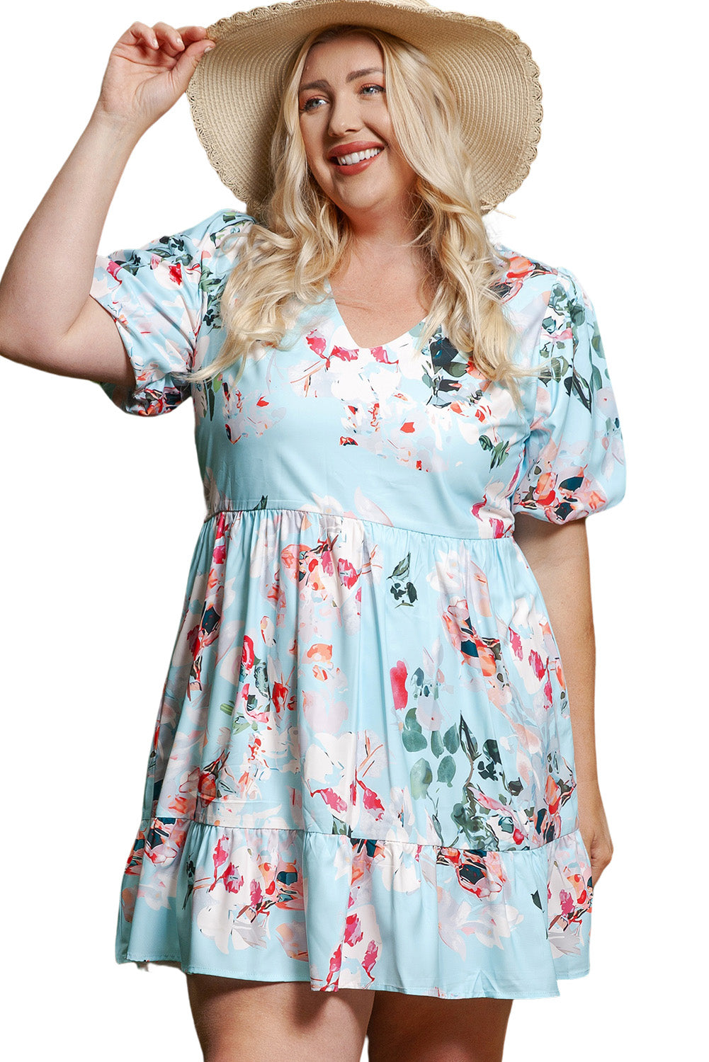 Sky Blue Floral Print Ruffled Puff Sleeve Plus Size Mini Dress