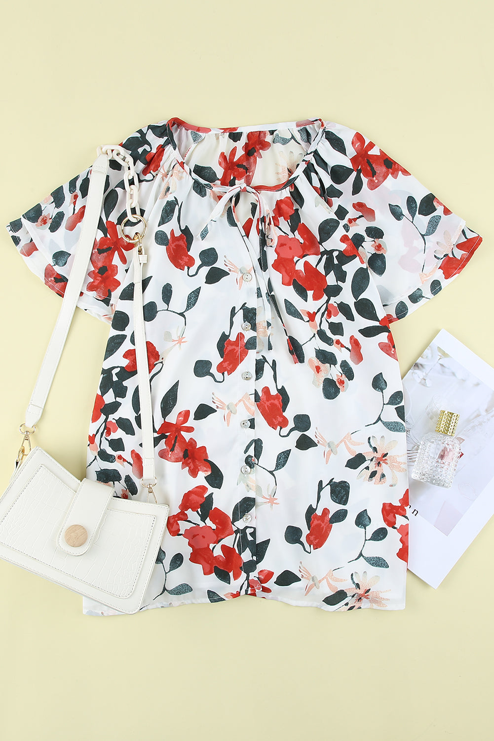 White Floral Print Drape V Neck Short Sleeve Blouse