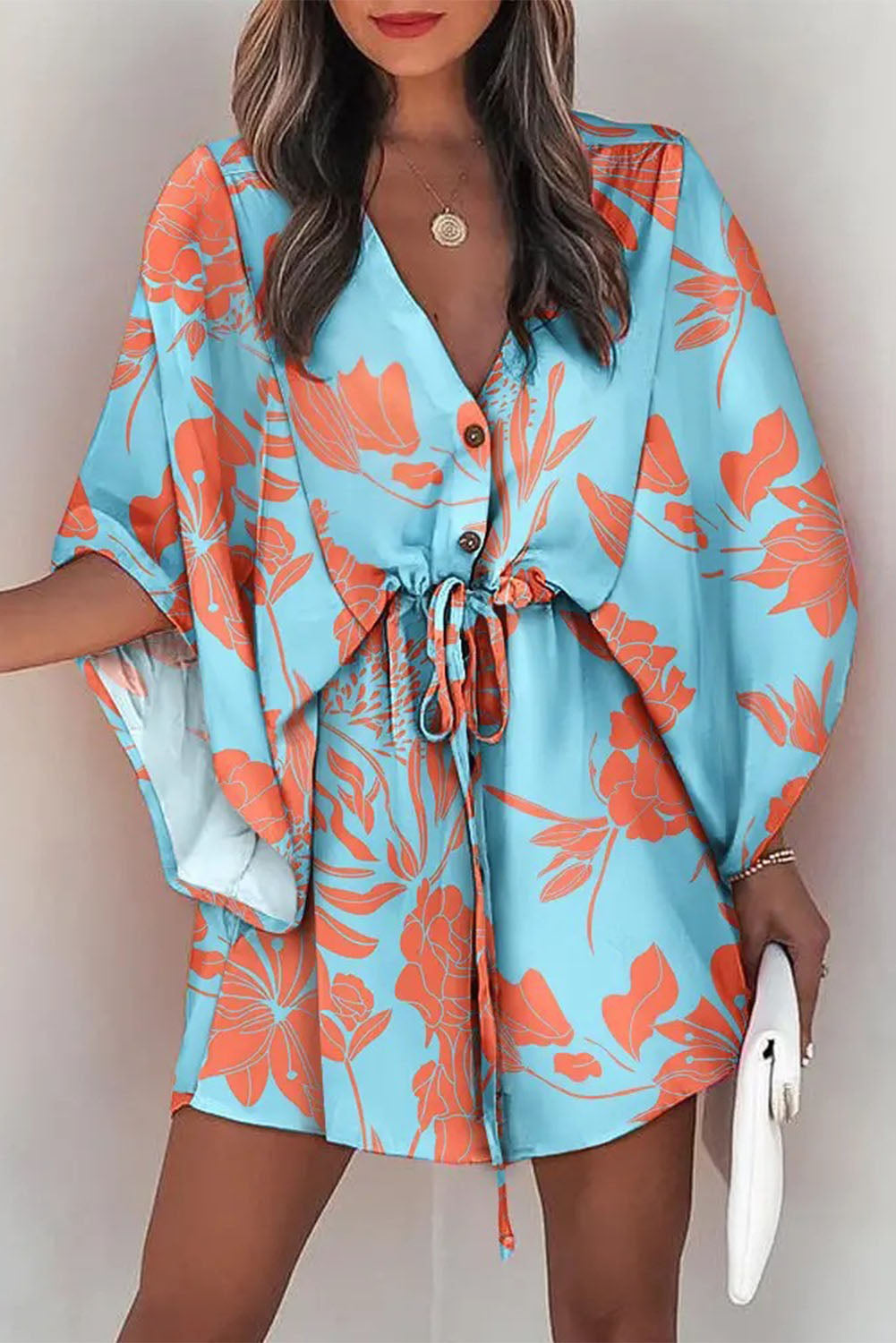 Sky Blue Geometric Print Button Drawstring Batwing Sleeve Dress