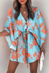 Sky Blue Geometric Print Button Drawstring Batwing Sleeve Dress
