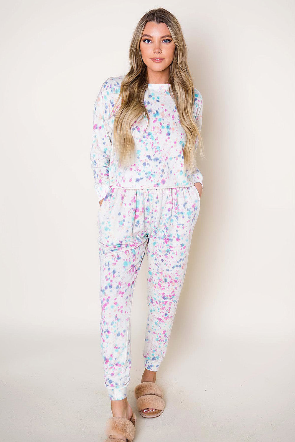 White Tie-dye Long Sleeve Crop Pullover and Joggers Lounge Set