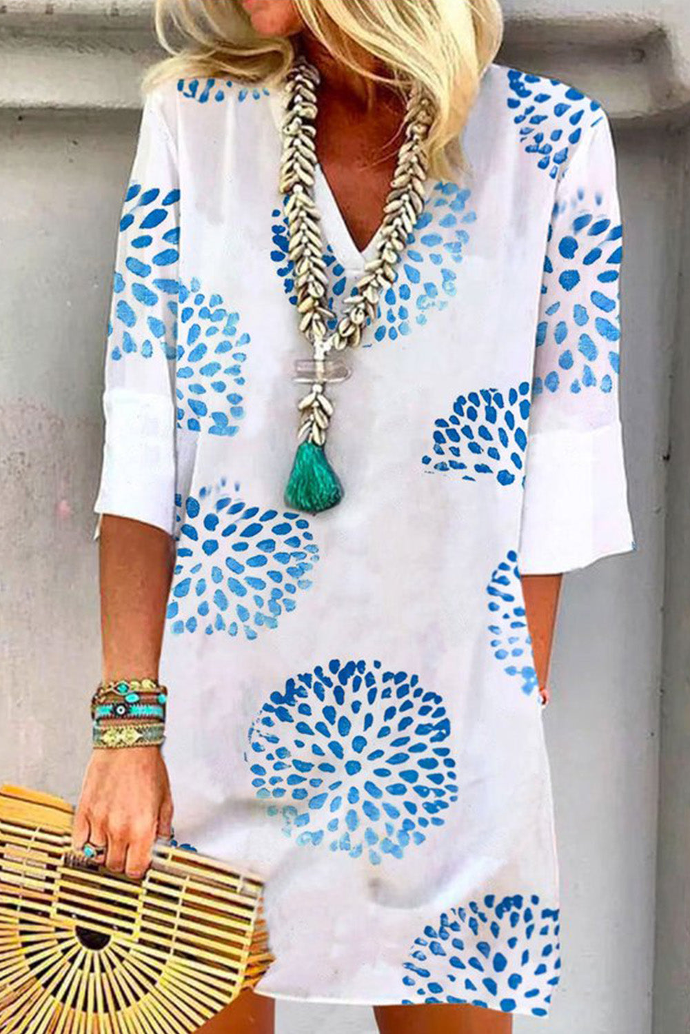 White Abstract Dandelion Print Half Sleeve Dress