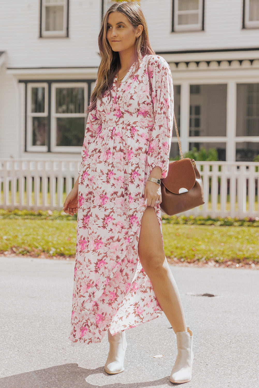 Purple Deep V Neck Ruched High Waist Floral Maxi Dress