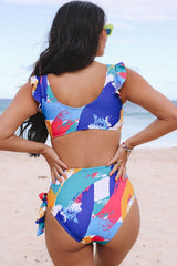 Grafitti Print Ruffled Knotted High Waist Bikini Set