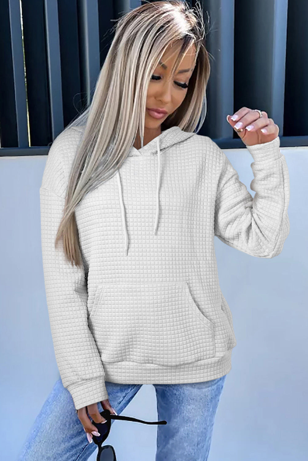 Gray Quilted Kangaroo Pocket Drawstring Hoodie